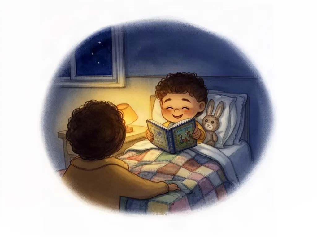 Il·lustració a l'aquarel·la: de nit, a la llum del llum de tauleta, un nen somriu amb el seu conte obert al llit mentre un adult l'acompanya