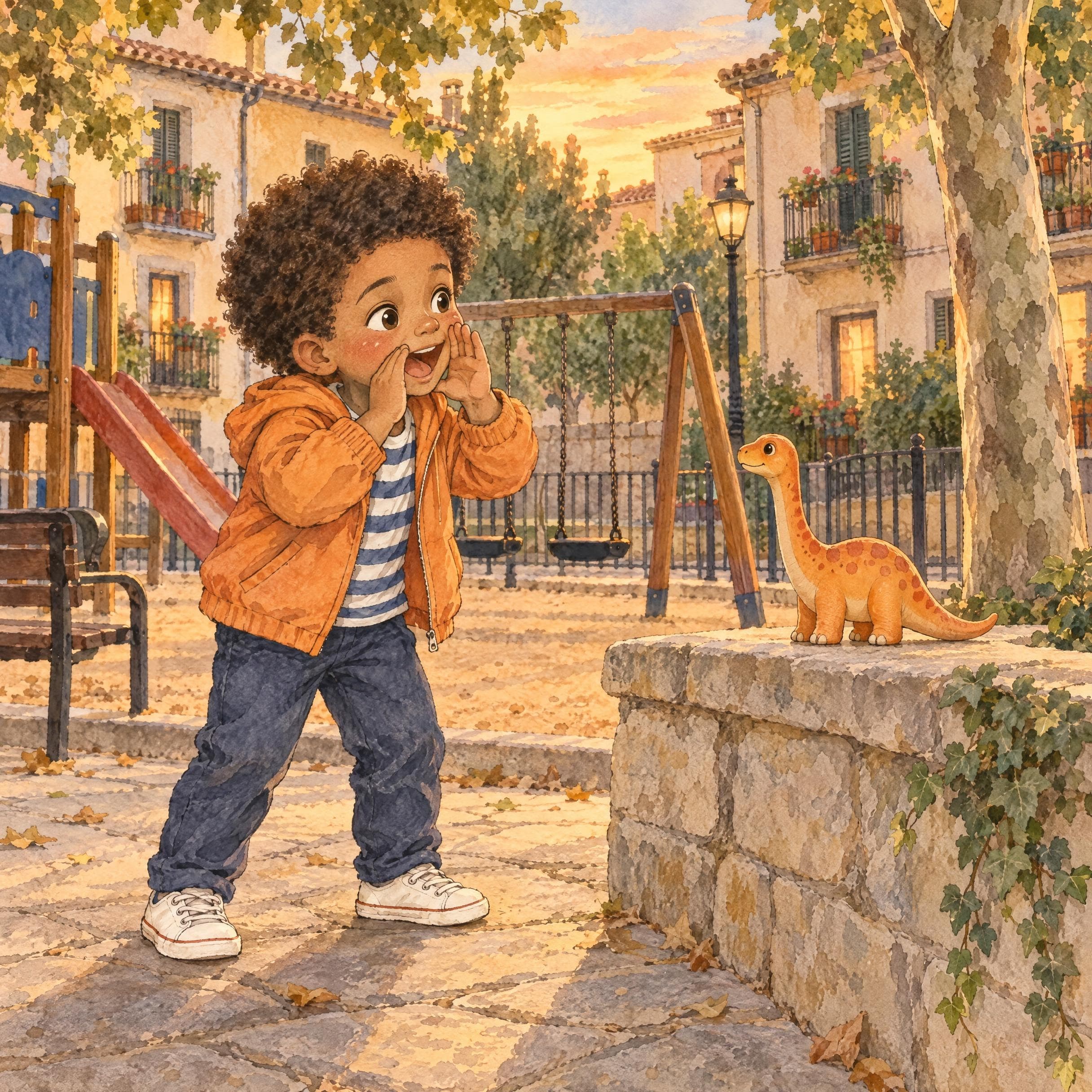 Ilustración en acuarela del cuento personalizado «Leo y el valle que rugía», escena 1: Rugidos en el parque
