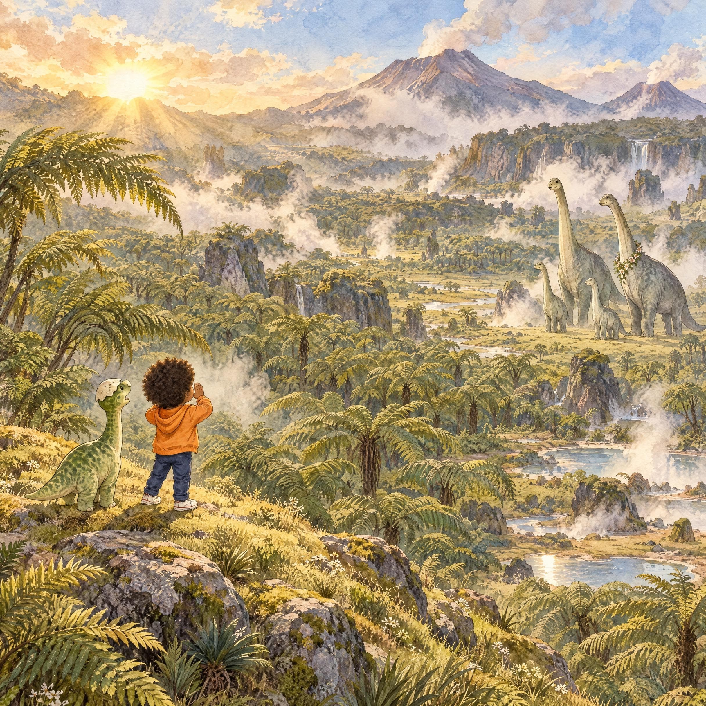 Ilustración en acuarela del cuento personalizado «Leo y el valle que rugía», escena 10: El valle contesta