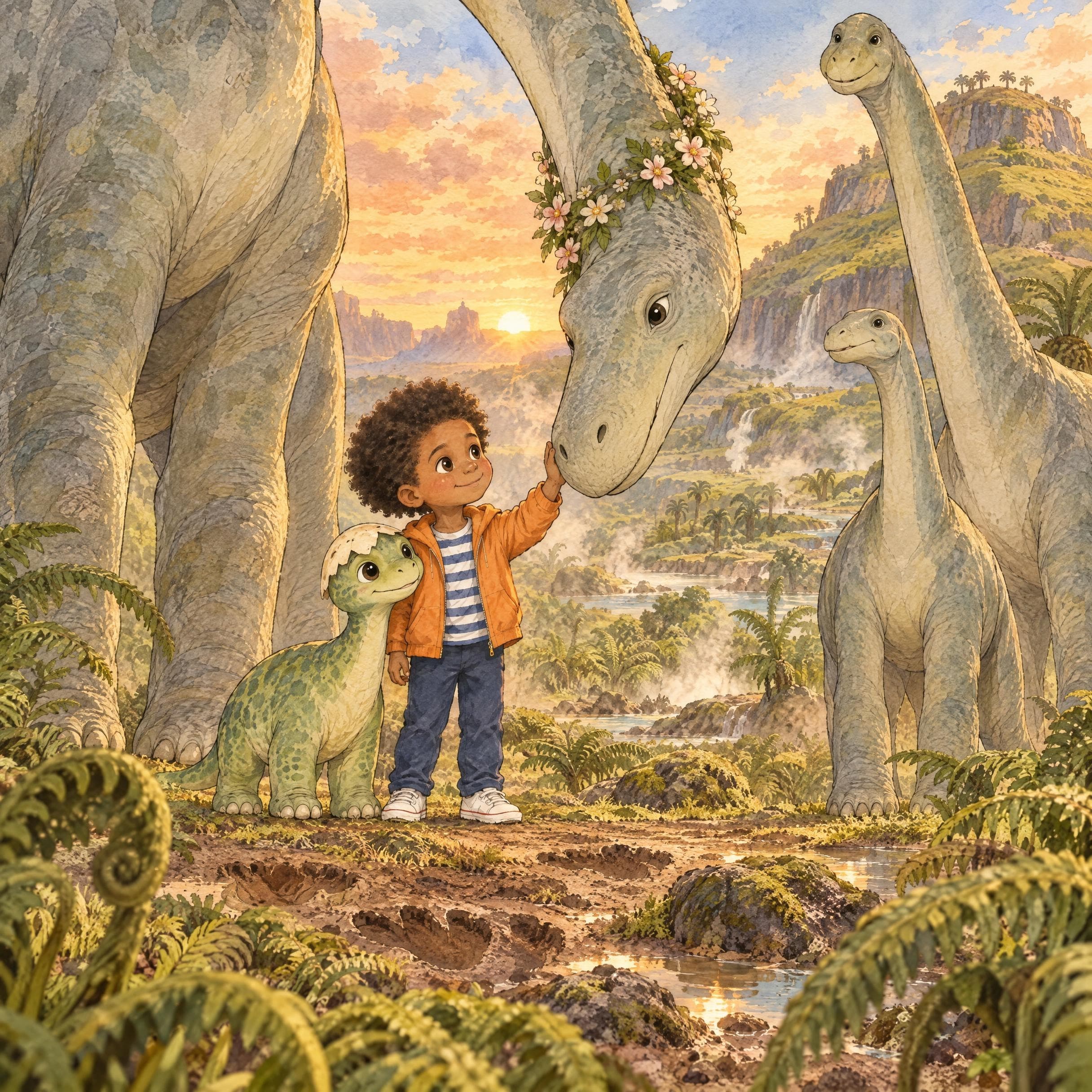 Ilustración en acuarela del cuento personalizado «Leo y el valle que rugía», escena 11: Cuellos reunidos