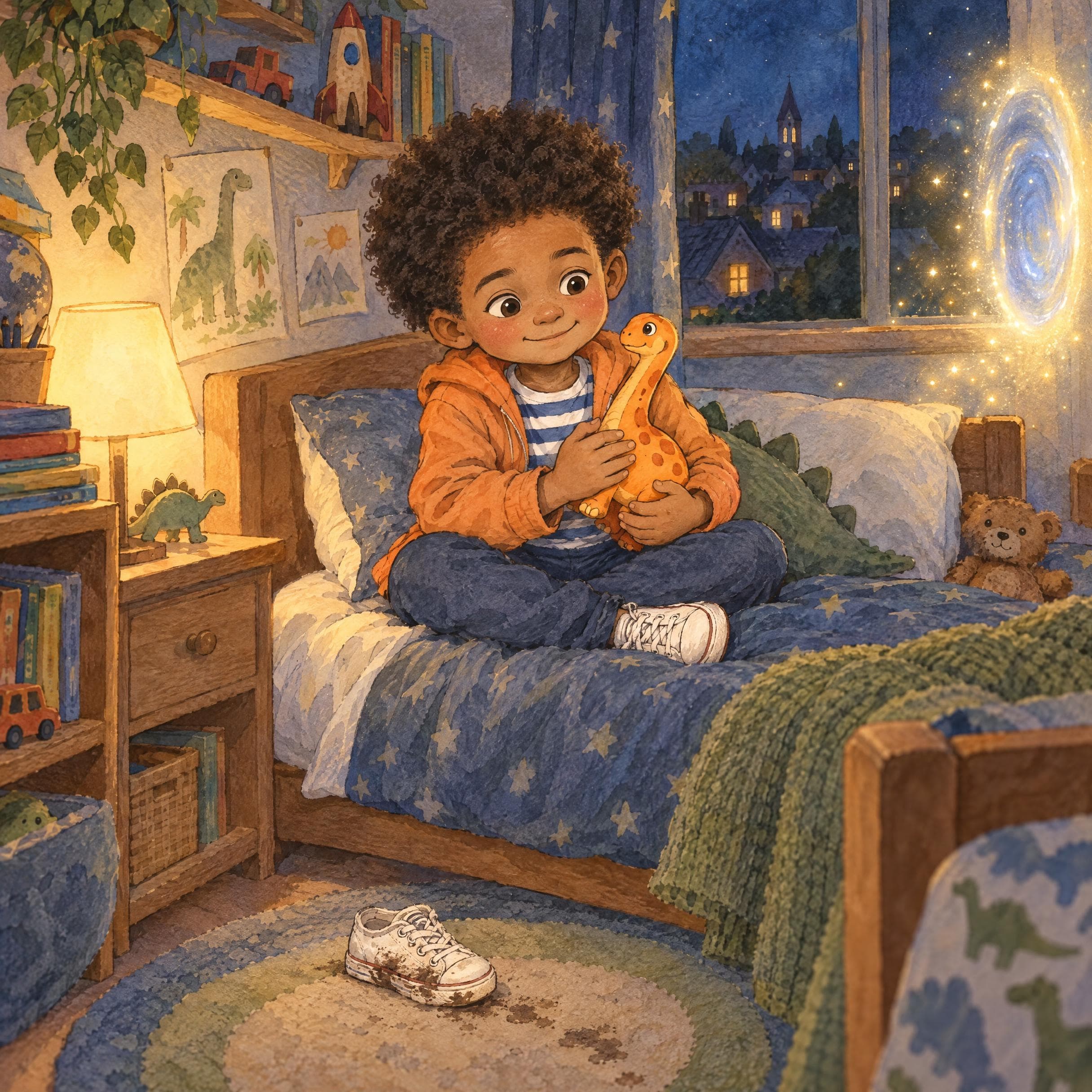 Ilustración en acuarela del cuento personalizado «Leo y el valle que rugía», escena 12: De vuelta