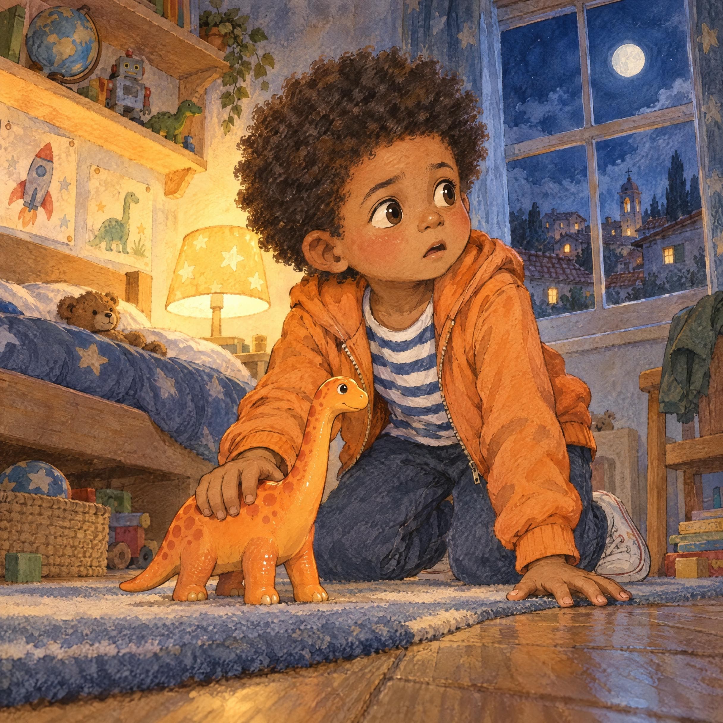 Ilustración en acuarela del cuento personalizado «Leo y el valle que rugía», escena 2: El deseo pequeño