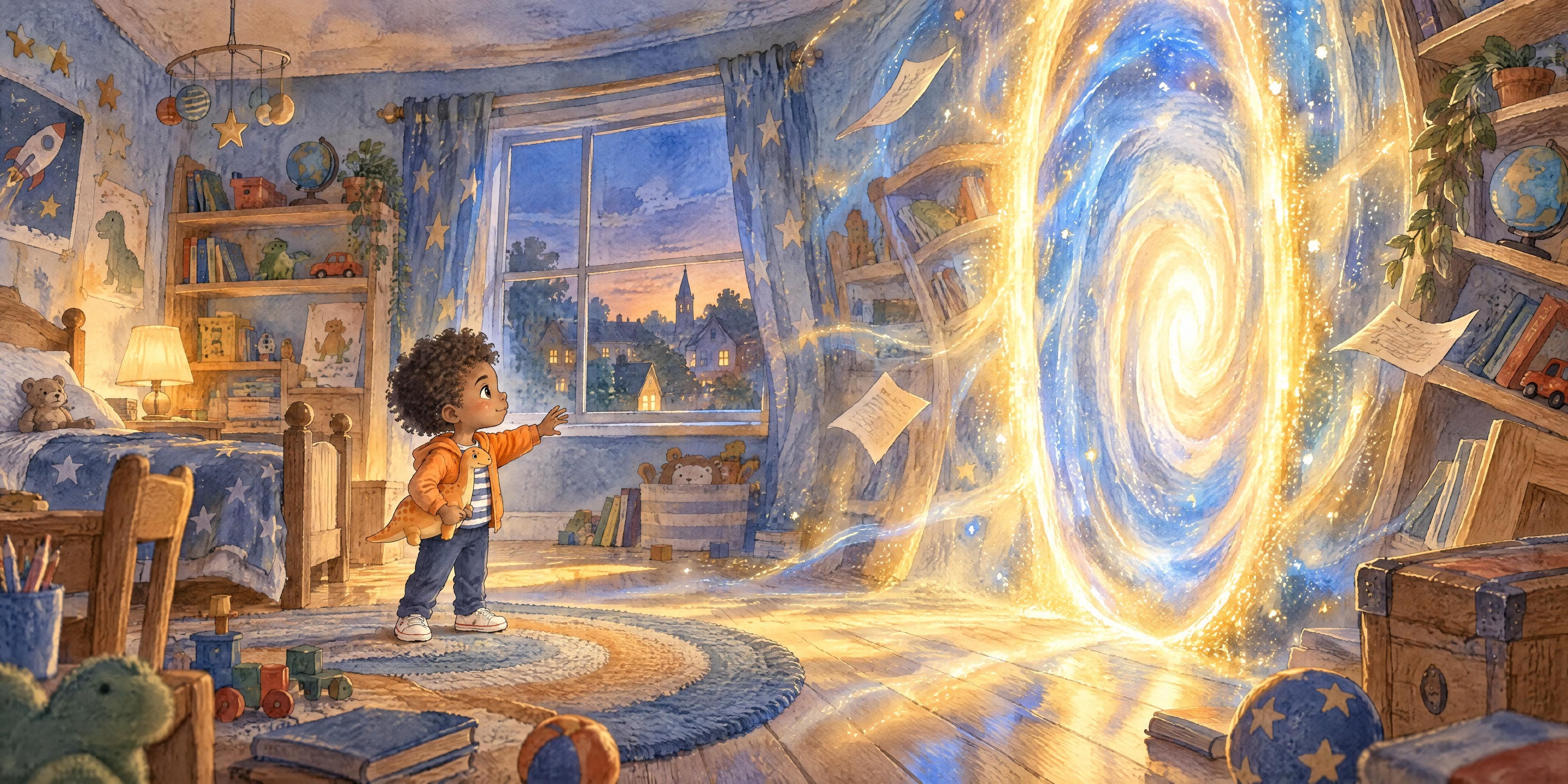 Ilustración en acuarela del cuento personalizado «Leo y el valle que rugía», escena 3: Se abre el tiempo