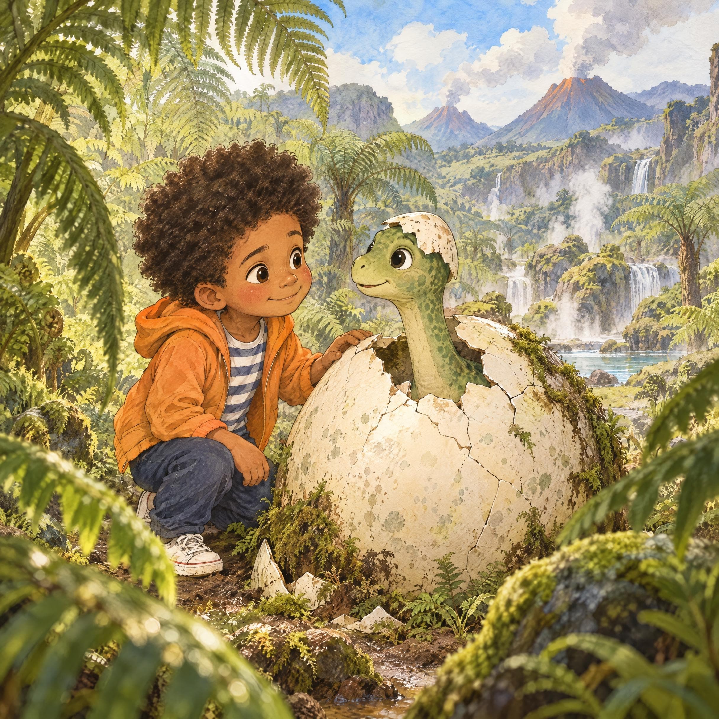 Ilustración en acuarela del cuento personalizado «Leo y el valle que rugía», escena 4: Entre helechos