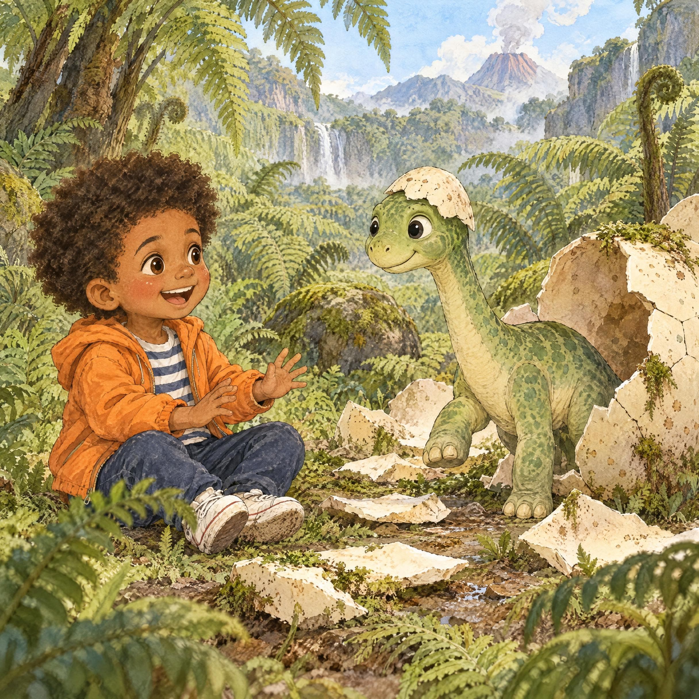 Ilustración en acuarela del cuento personalizado «Leo y el valle que rugía», escena 5: Lulo