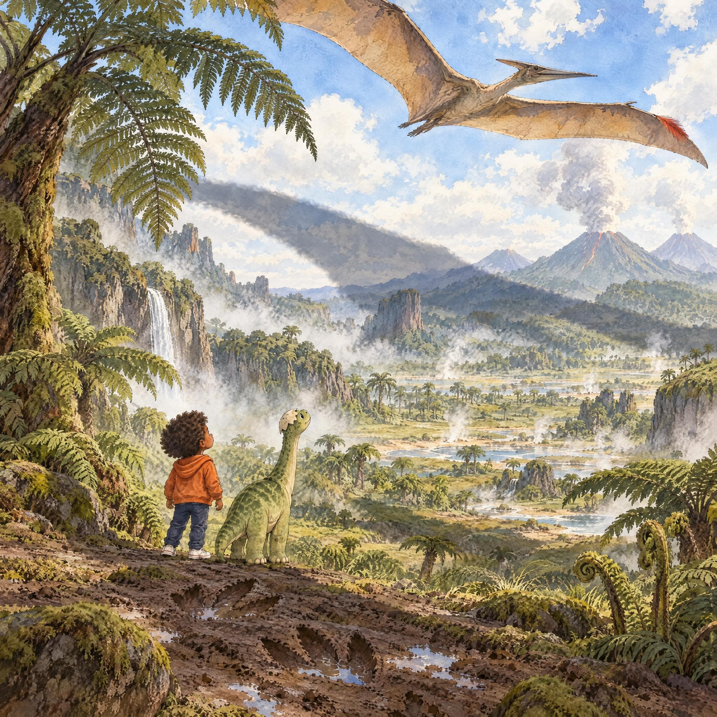 Ilustración en acuarela del cuento personalizado «Leo y el valle que rugía», escena 6: Solo en el valle