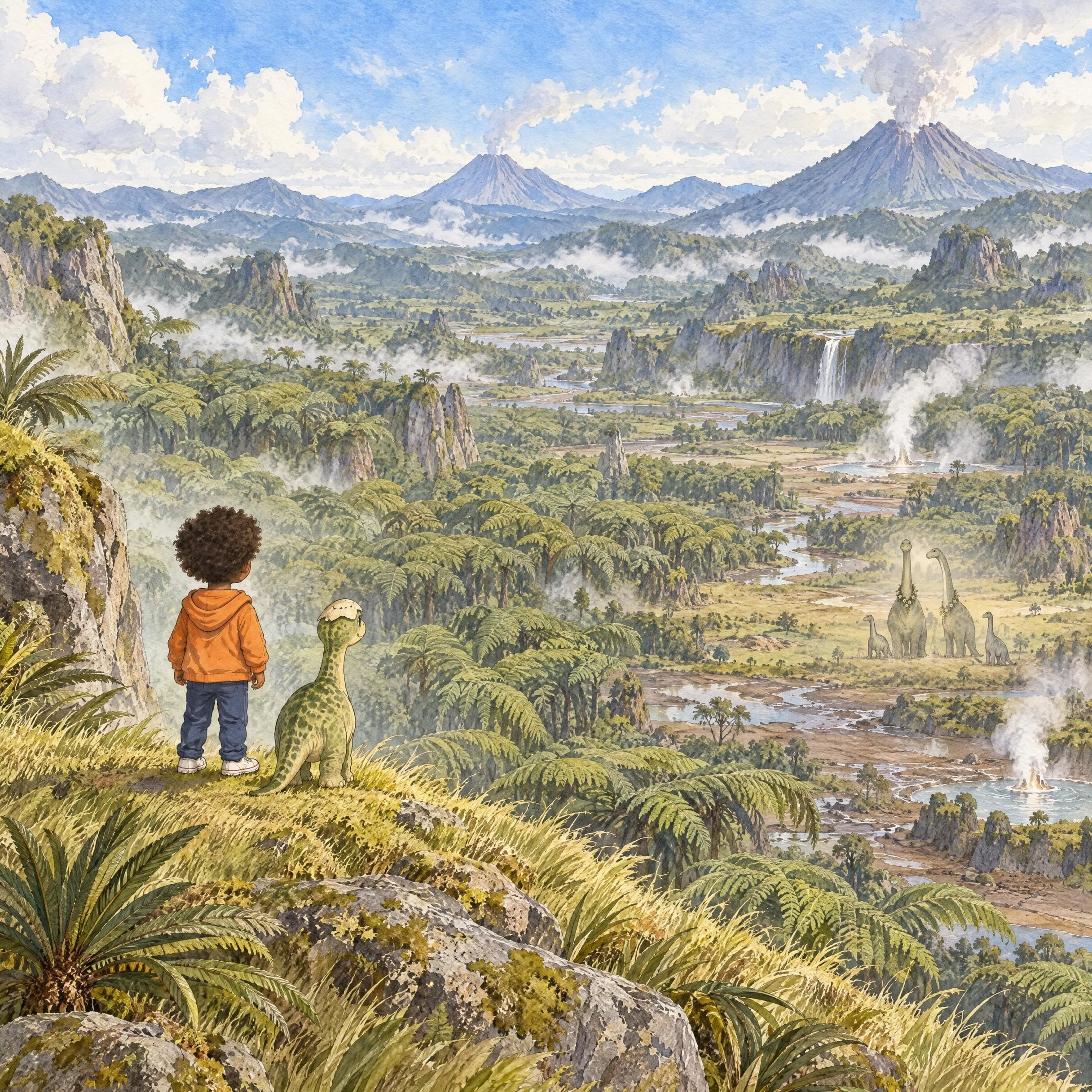 Ilustración en acuarela del cuento personalizado «Leo y el valle que rugía», escena 7: La colina alta