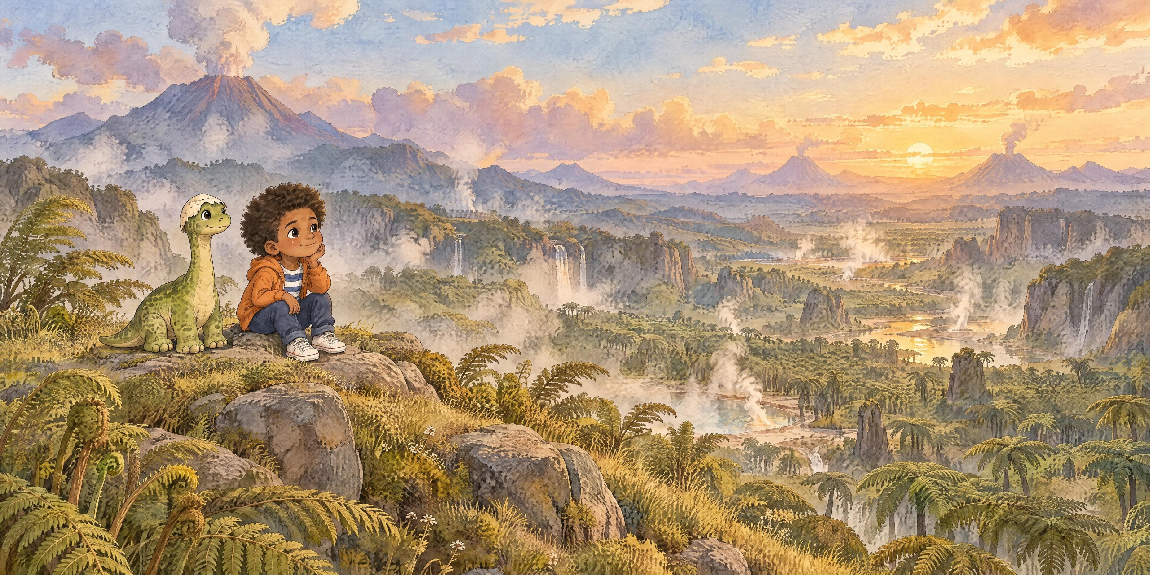 Ilustración en acuarela del cuento personalizado «Leo y el valle que rugía», escena 8: Idea en el viento