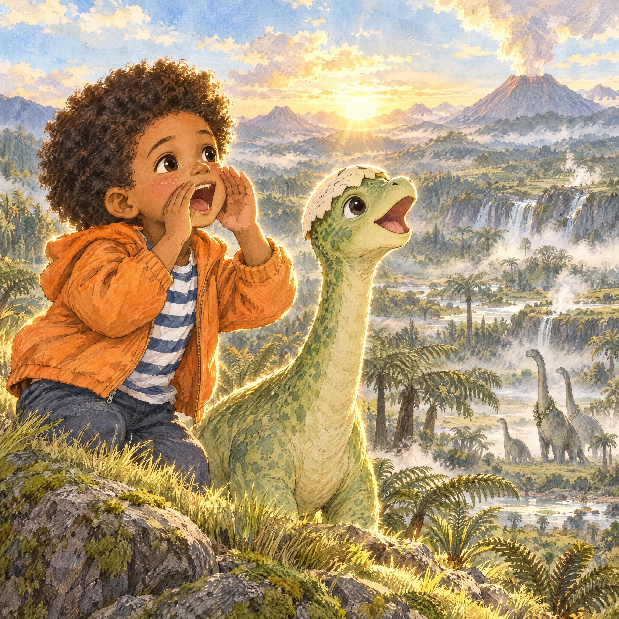 Ilustración en acuarela del cuento personalizado «Leo y el valle que rugía», escena 9: Una llamada