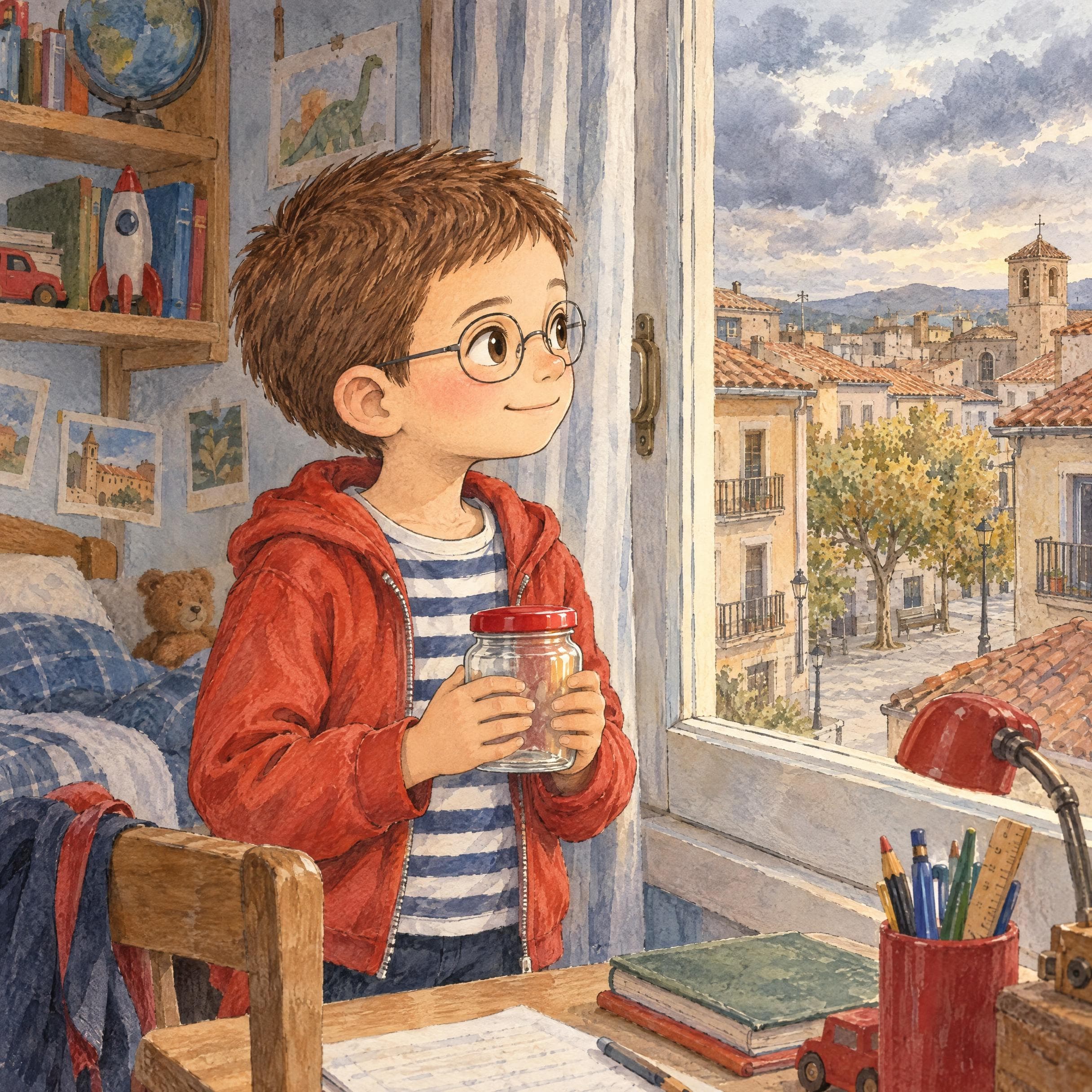 Il·lustració a l'aquarel·la del conte personalitzat «En Martí i la llum guardada», escena 1: El pot buit