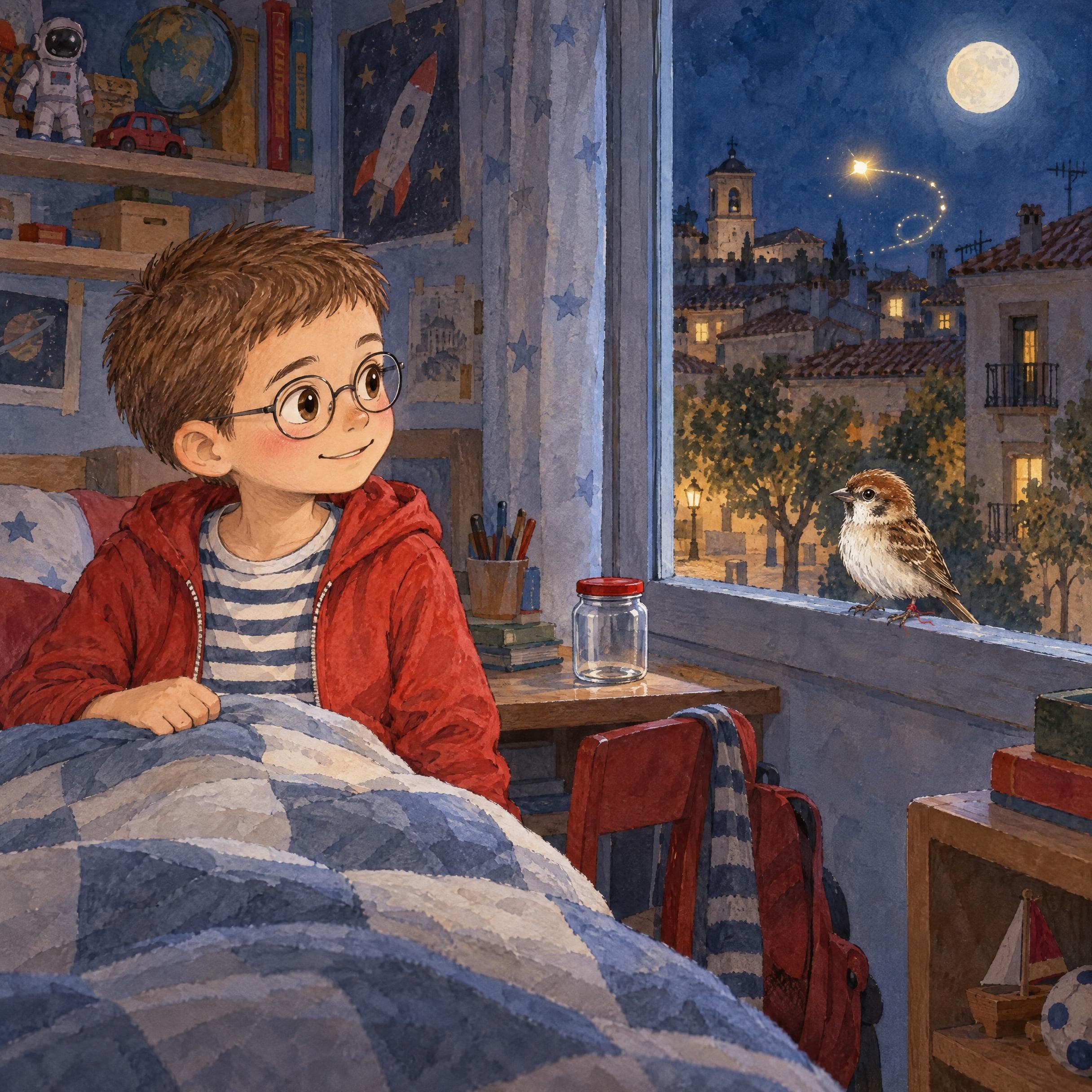 Il·lustració a l'aquarel·la del conte personalitzat «En Martí i la llum guardada», escena 2: Un soroll a la nit