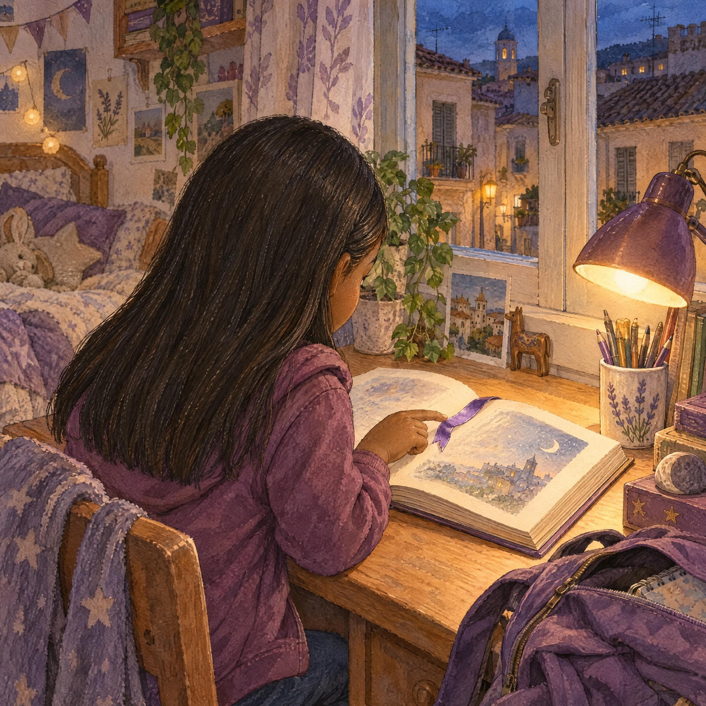 Il·lustració a l'aquarel·la del conte personalitzat «La Lucía i el somni perdut», escena 1: La cinta morada