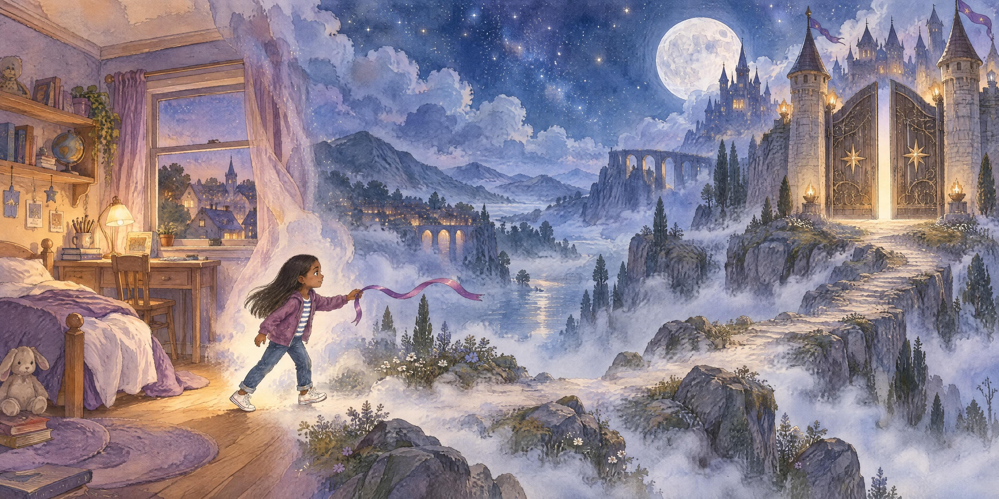 Il·lustració a l'aquarel·la del conte personalitzat «La Lucía i el somni perdut», escena 3: El llindar