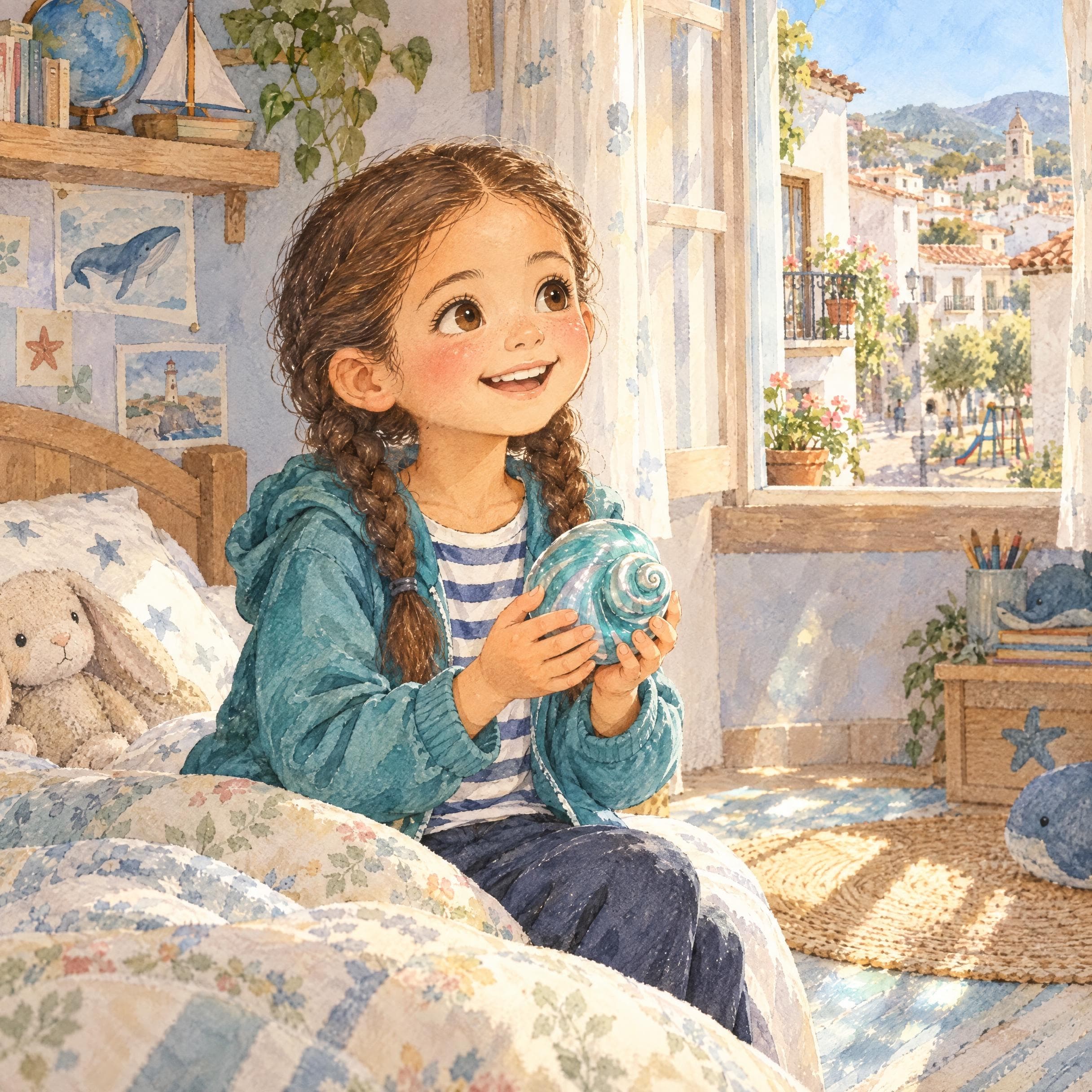 Il·lustració a l'aquarel·la del conte personalitzat «L'Aitana i la Perla Cantarina», escena 12: Tornada a casa