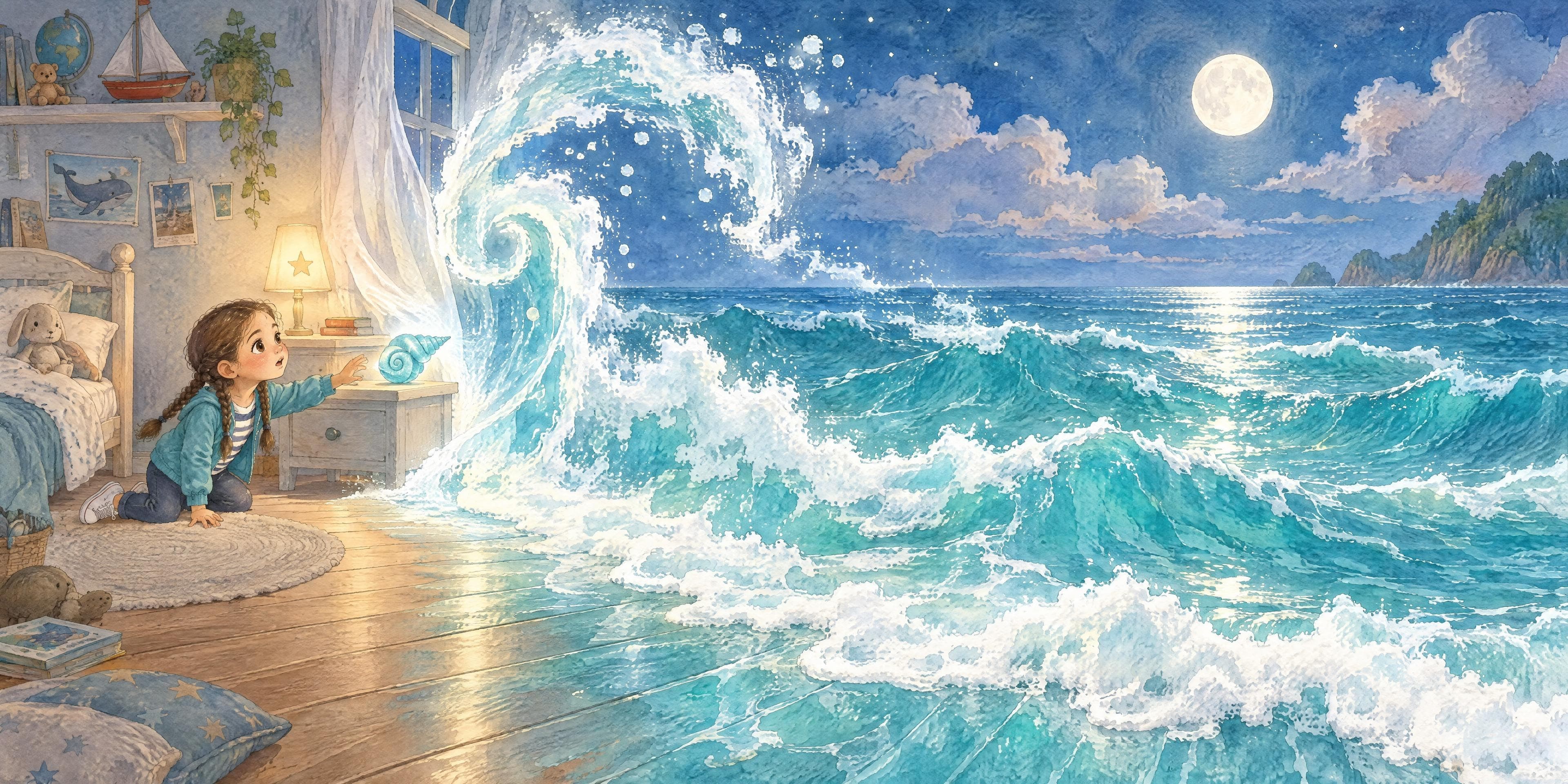 Il·lustració a l'aquarel·la del conte personalitzat «L'Aitana i la Perla Cantarina», escena 3: S'obre el mar