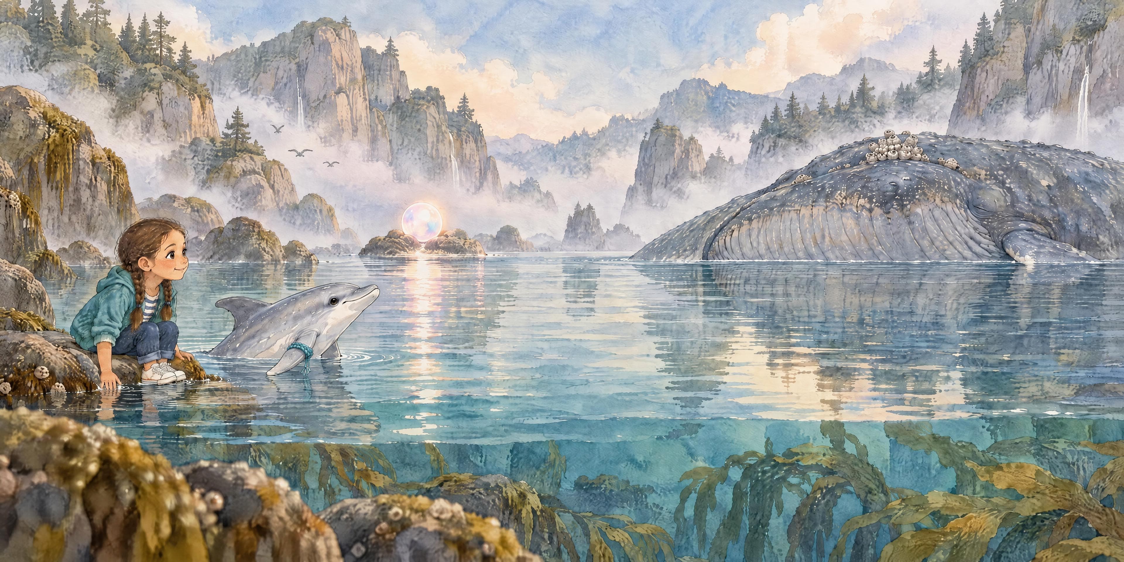 Il·lustració a l'aquarel·la del conte personalitzat «L'Aitana i la Perla Cantarina», escena 8: Pensar fluixet