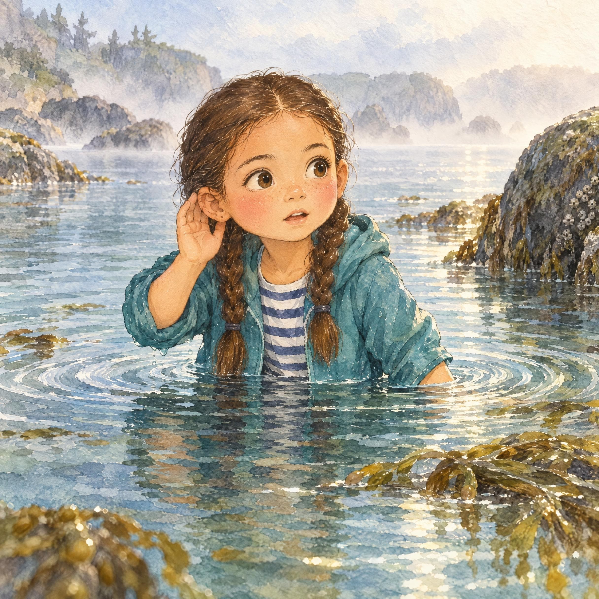 Il·lustració a l'aquarel·la del conte personalitzat «L'Aitana i la Perla Cantarina», escena 9: Una idea