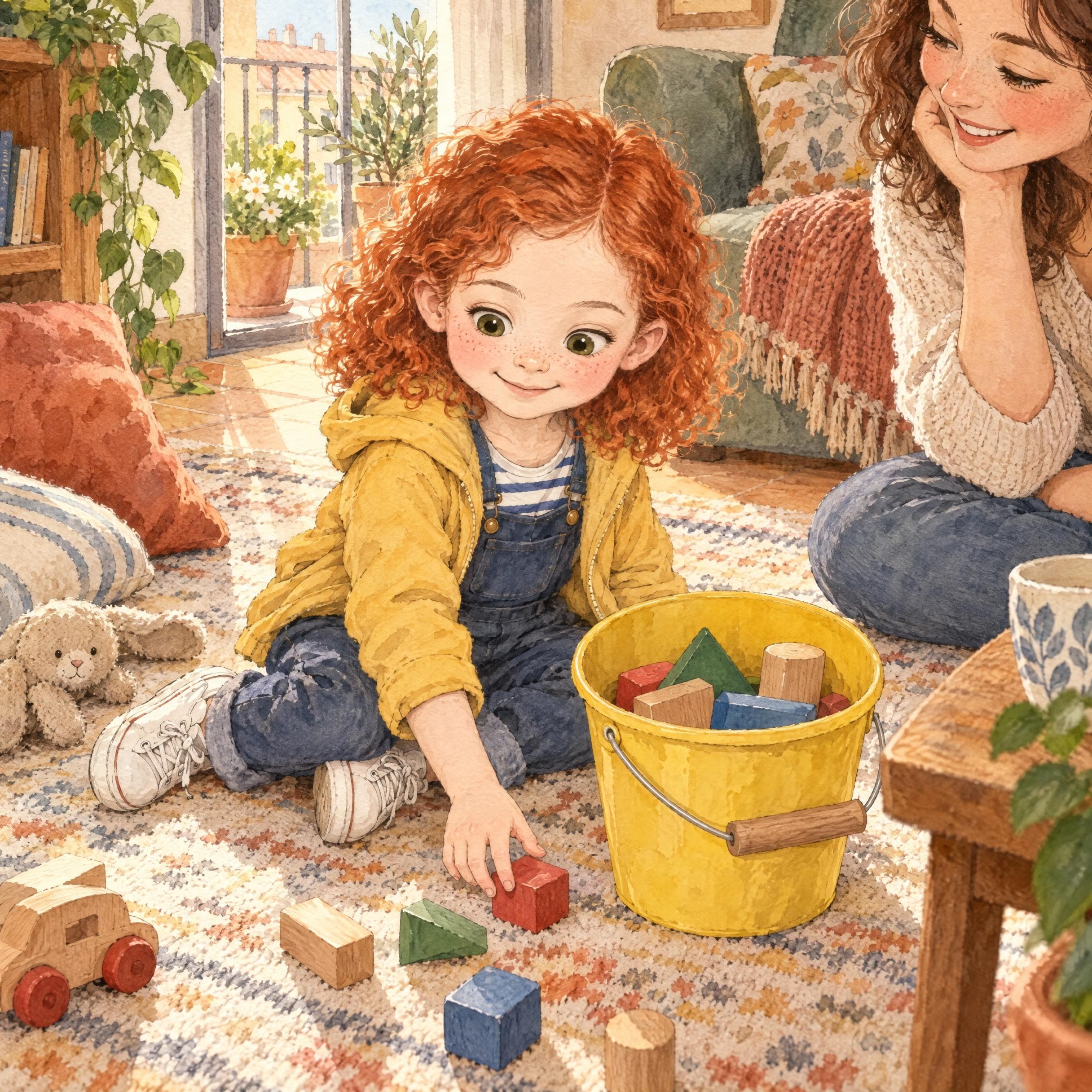 Il·lustració a l'aquarel·la del conte personalitzat «La Noa i la clau de flor», escena 1: A casa