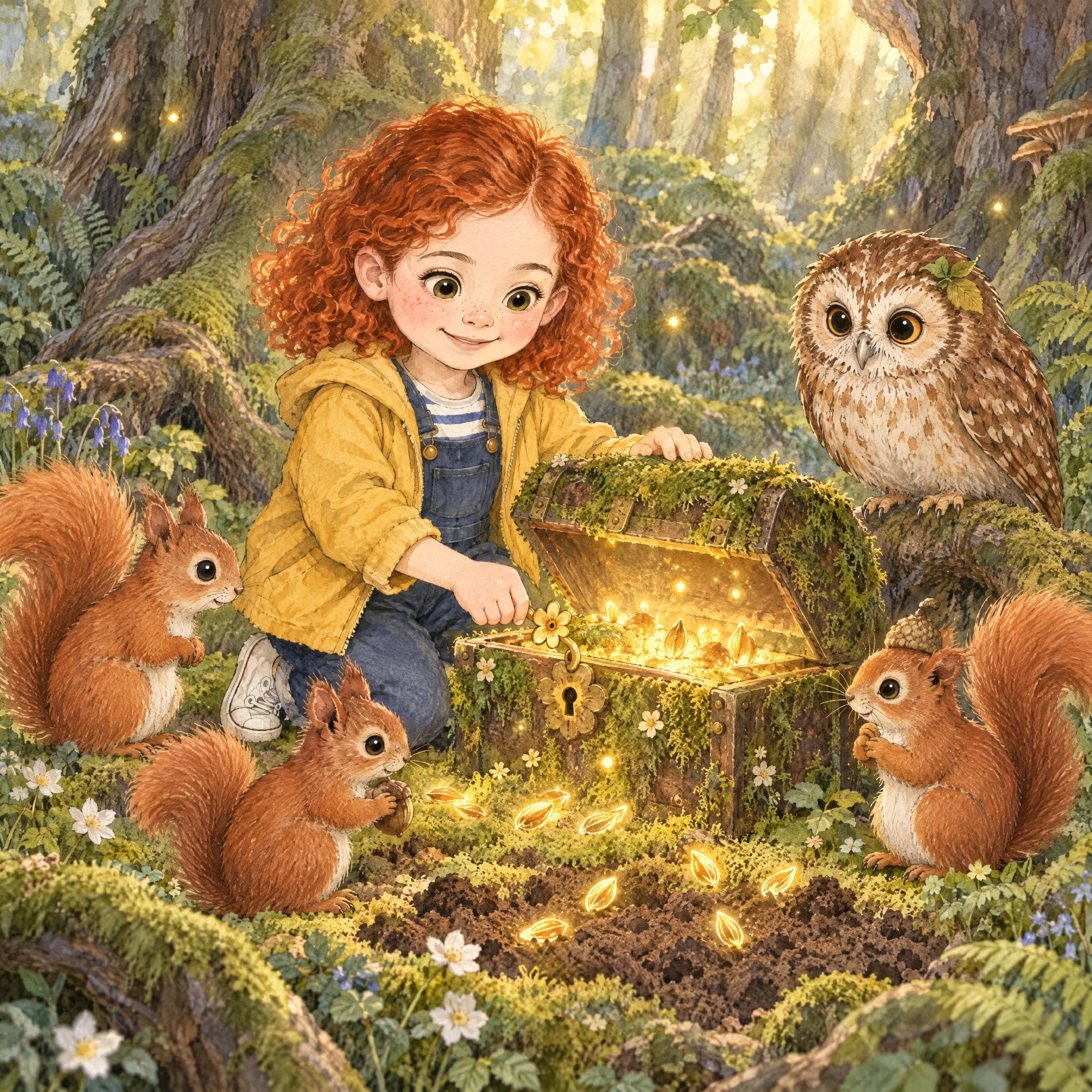 Il·lustració a l'aquarel·la del conte personalitzat «La Noa i la clau de flor», escena 10: Cuidar el bosc