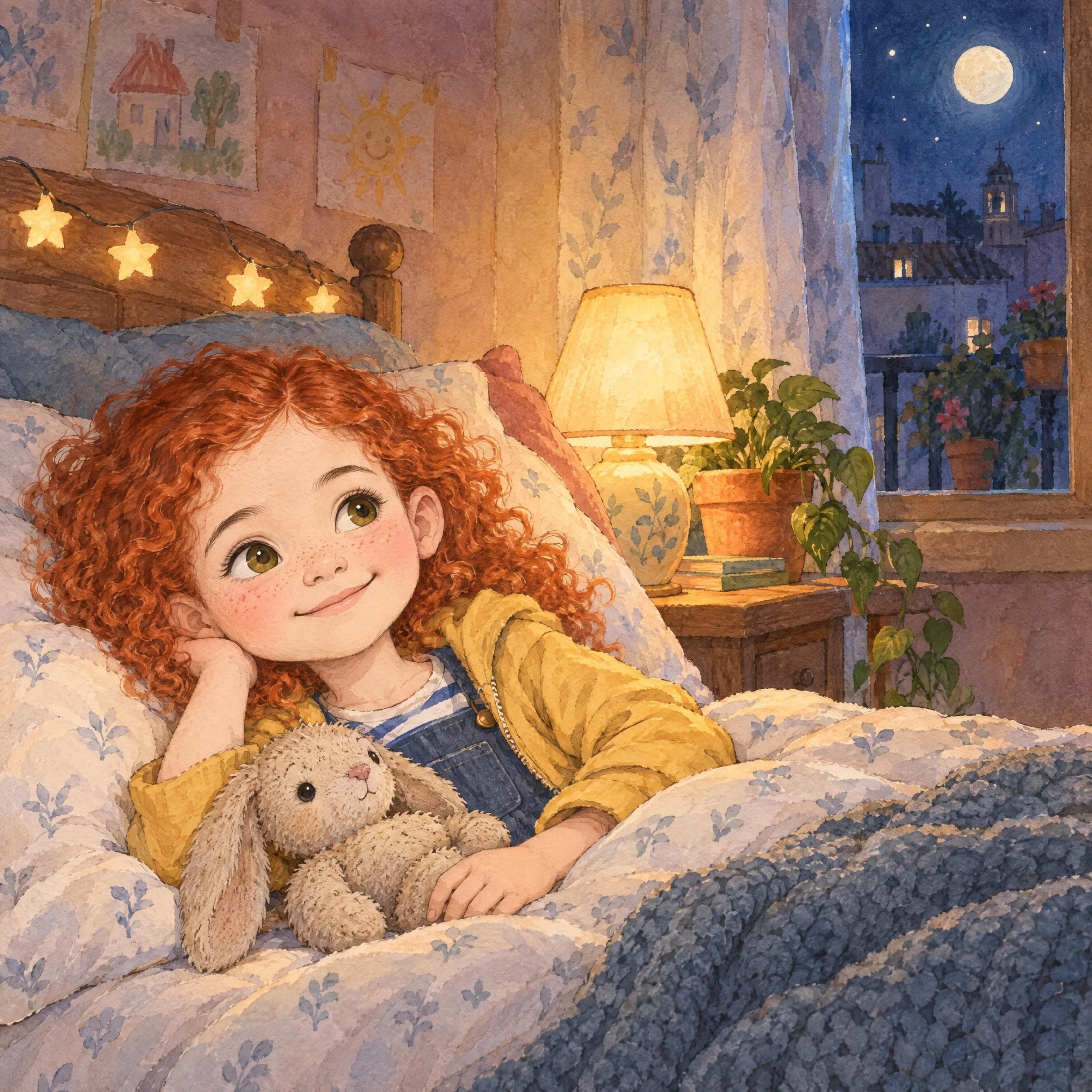 Il·lustració a l'aquarel·la del conte personalitzat «La Noa i la clau de flor», escena 12: Bona nit