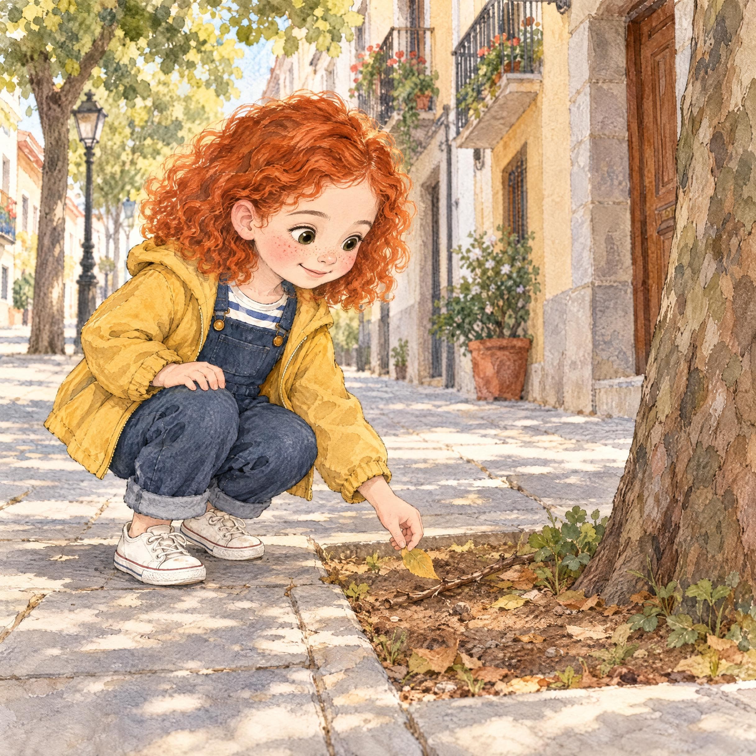Il·lustració a l'aquarel·la del conte personalitzat «La Noa i la clau de flor», escena 2: Una cosa petita
