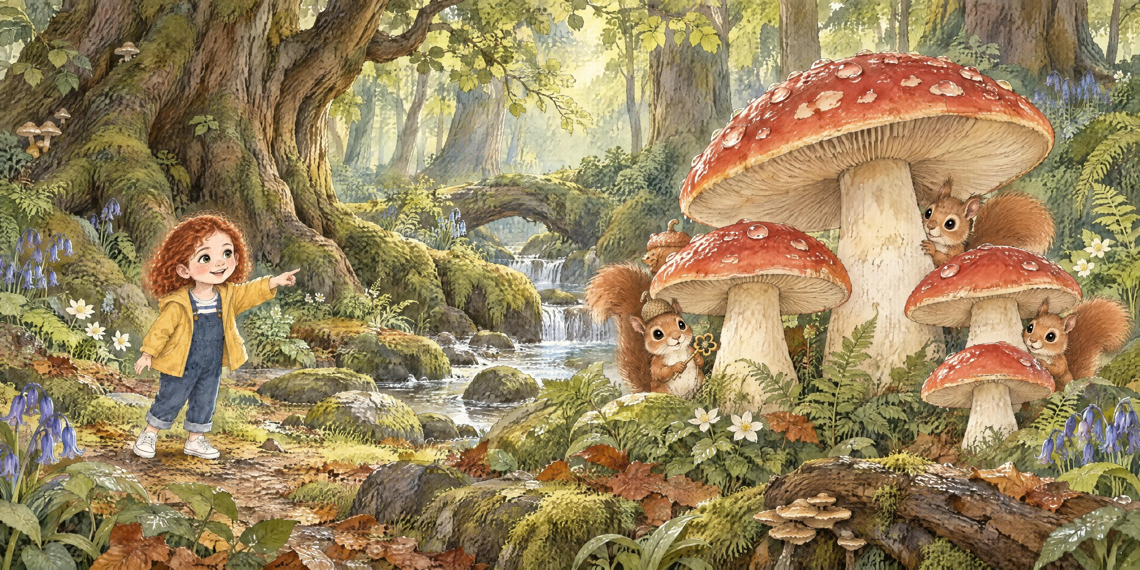Il·lustració a l'aquarel·la del conte personalitzat «La Noa i la clau de flor», escena 8: El joc