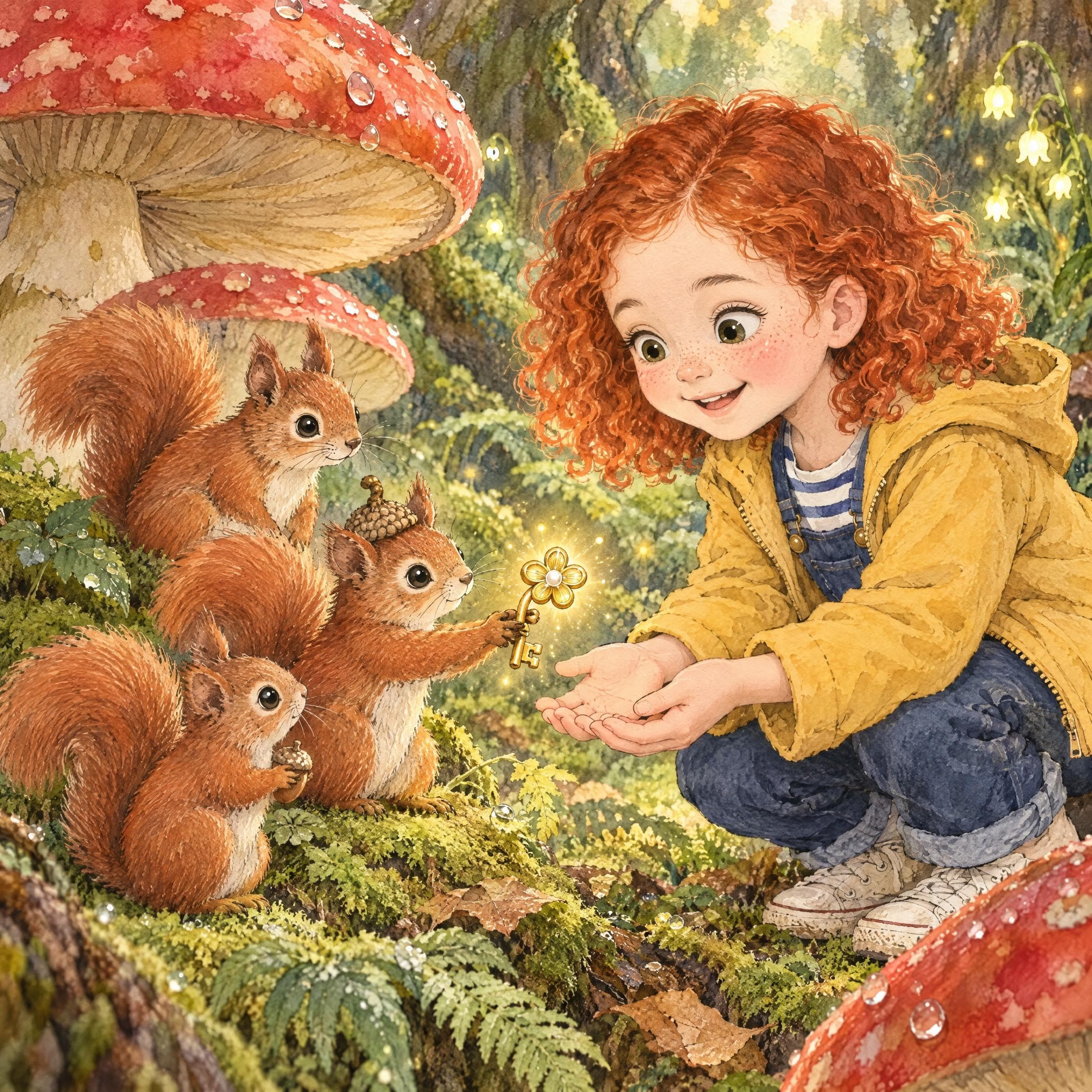 Il·lustració a l'aquarel·la del conte personalitzat «La Noa i la clau de flor», escena 9: Trobats!